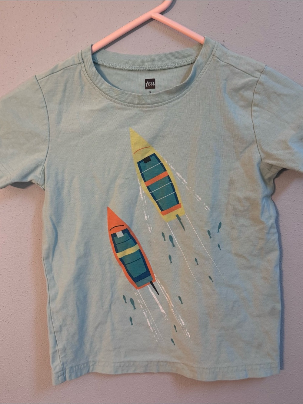 Tea Collection Boat Sailing Water Short Sleeve Blue T Shirt size 5